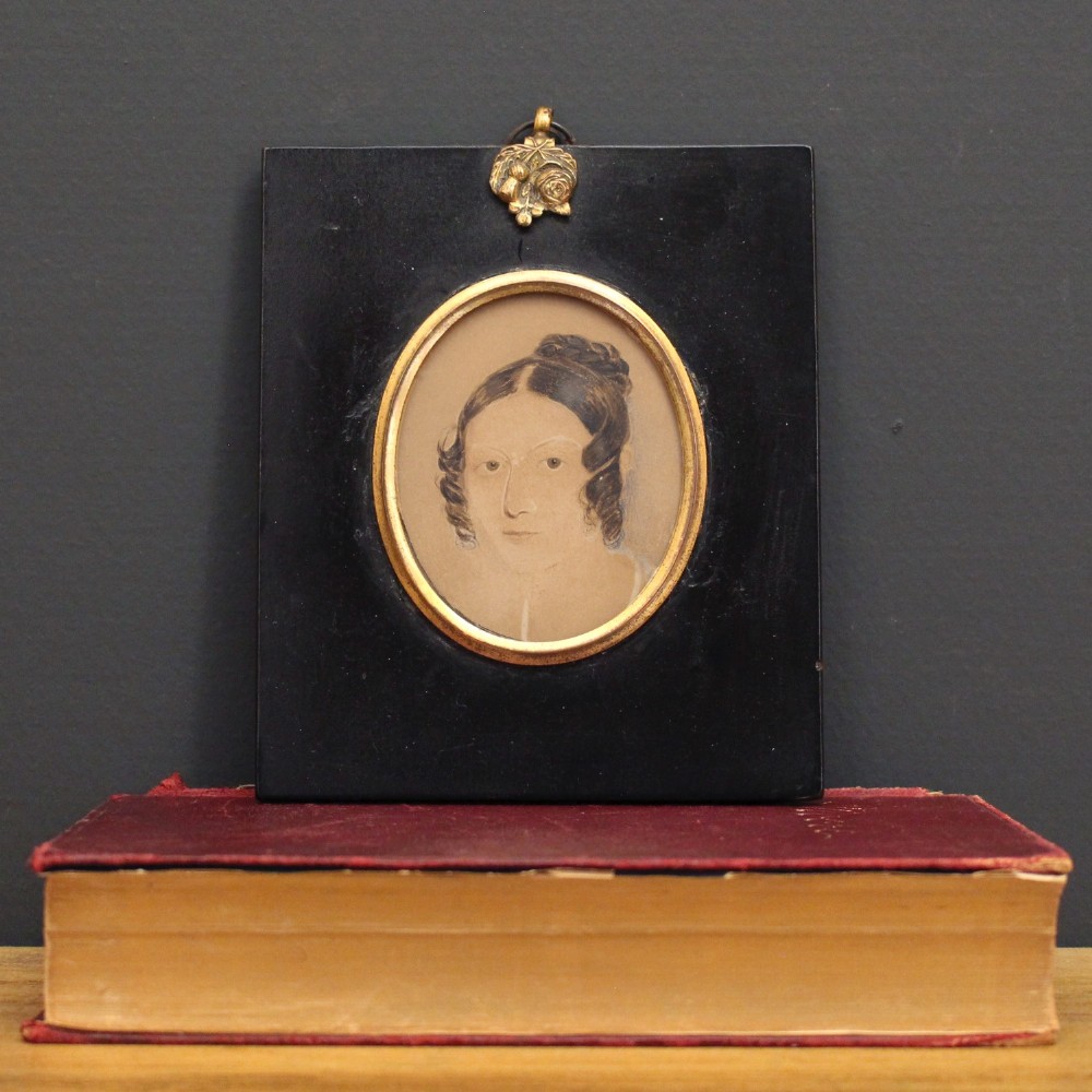 Victorian Miniature With Needlework, Antique Painting