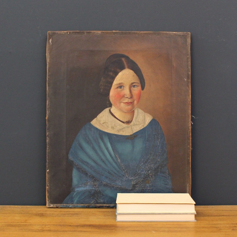 Portrait Of A Lady In A Blue Dress, Naive Antique Oil Painting, 19th Century, Folk Art