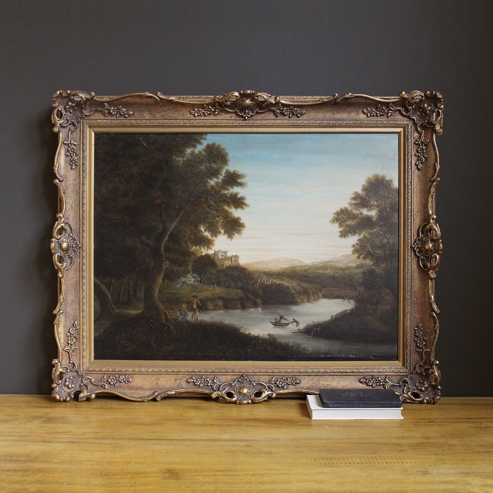 Rural Idealised Landscape With Figures, 18th Century Oil Painting On Panel