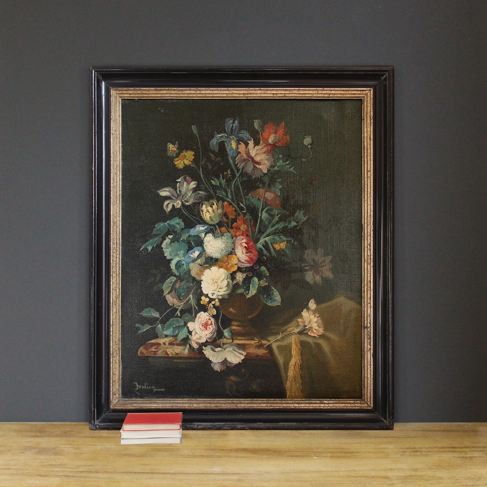 Large Continental School Still Life With Flowers, Antique Oil Painting