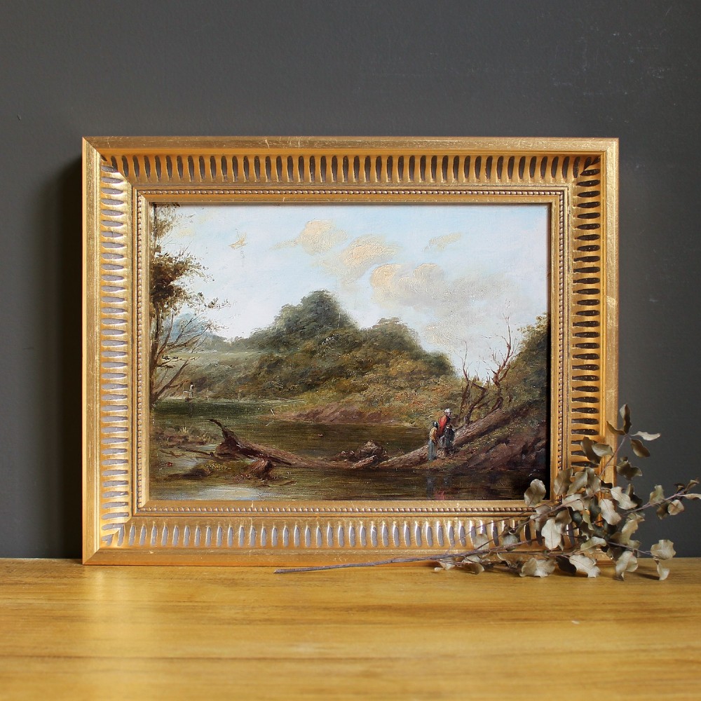 British Landscape Study With River Crossing, Antique Oil Painting, Countryside