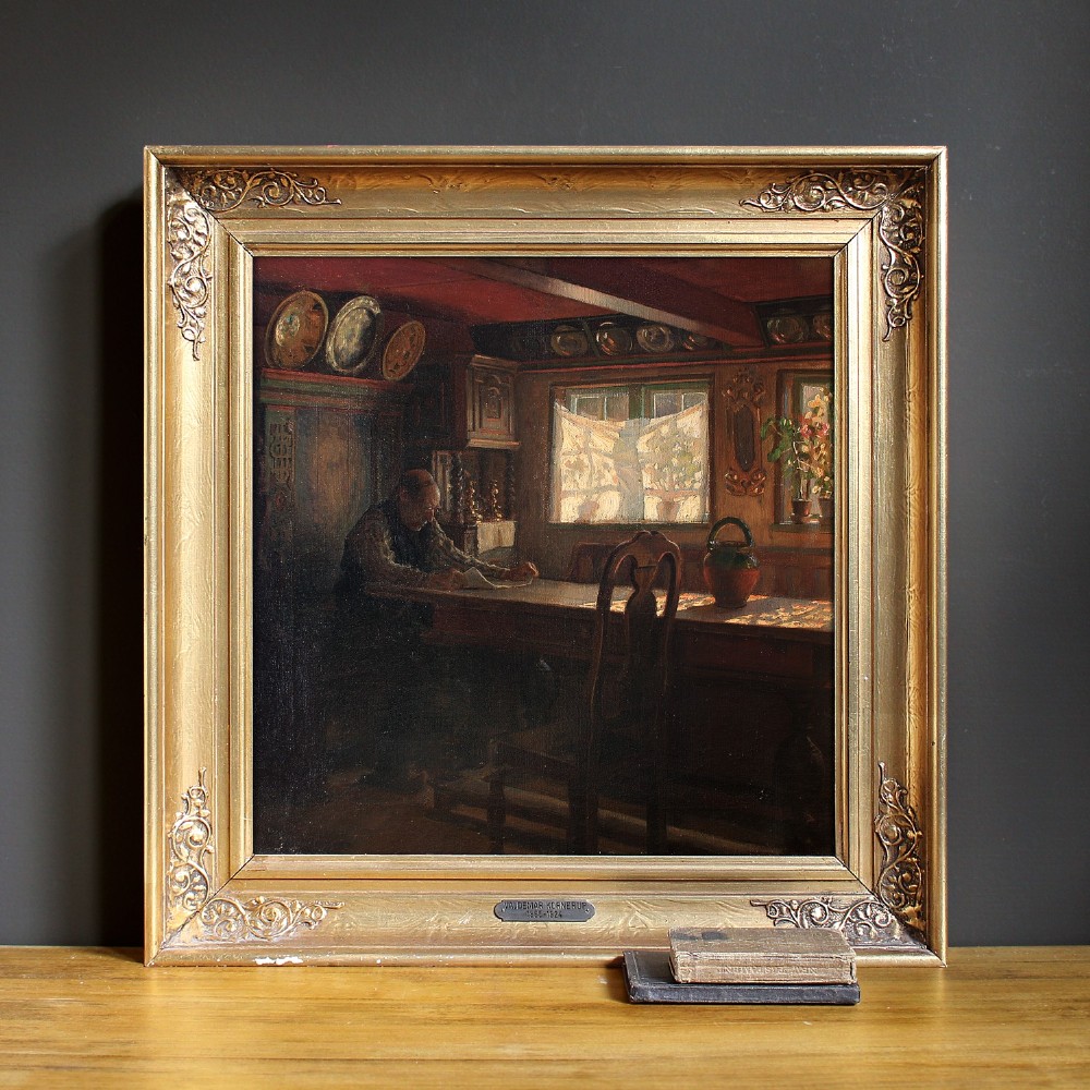Valdemar Kornerup, Reading At The Long Table, Antique Oil Painting, Danish, Interior Scene
