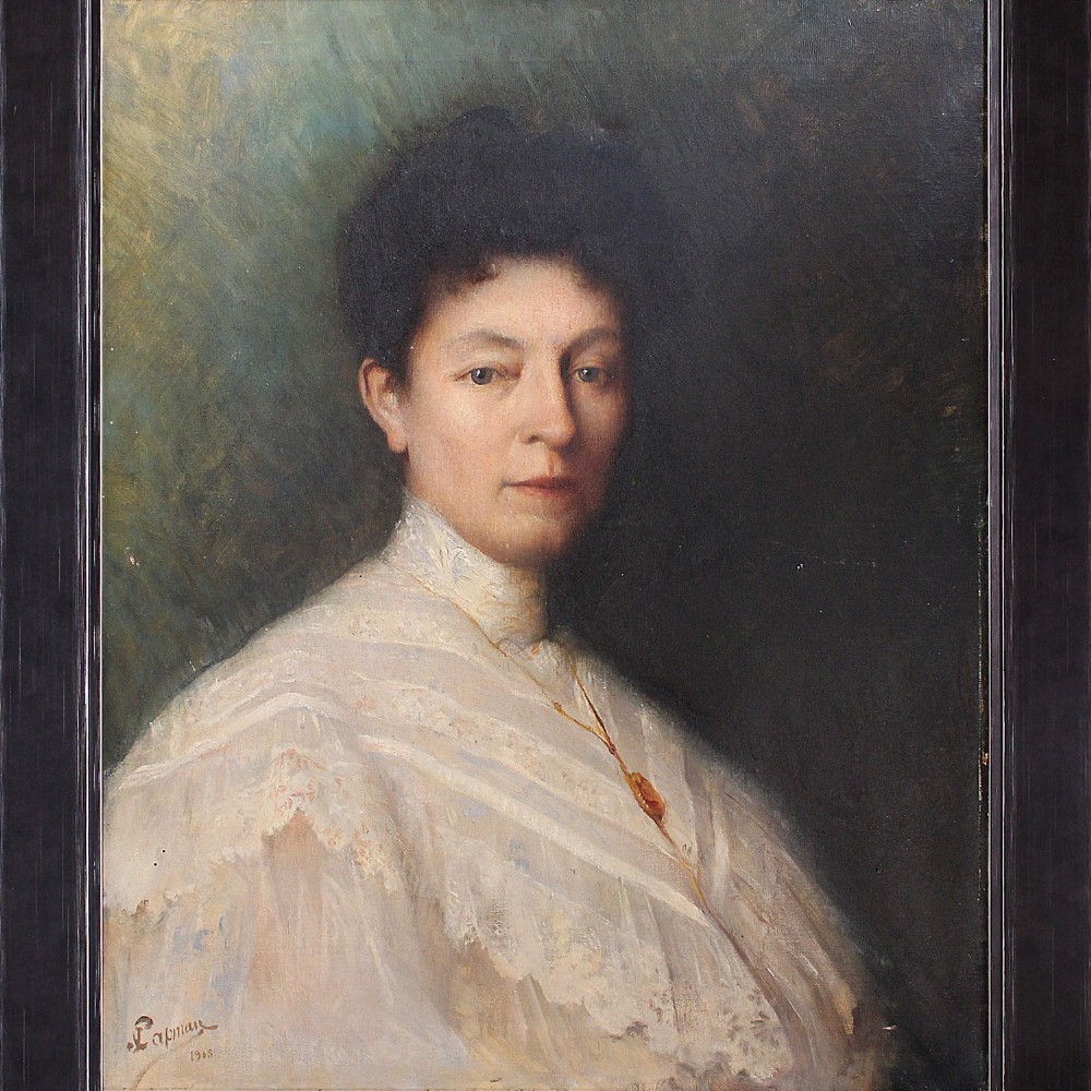 Continental Portrait Of A Lady In A White Lace Blouse, Large Original Antique Portrait
