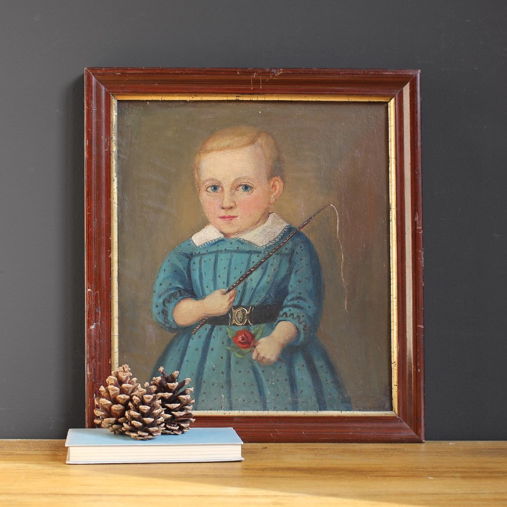 Folk Art Portrait Of A Boy With Riding Crop & Rose, Naive Painting, Primitive