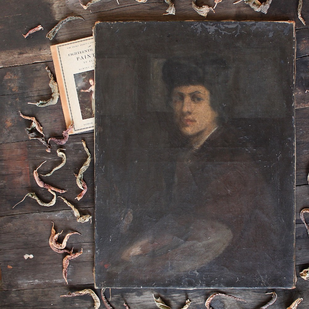 Portrait Of An Artist With Palette, Dark & Worn Antique Painting