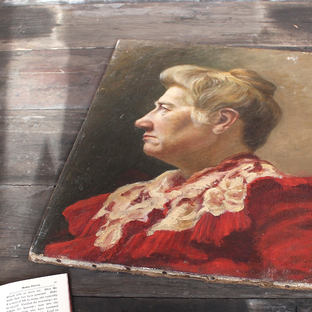 Continental Portrait Of A Lady In A Red And White Blouse, Antique Oil Painting