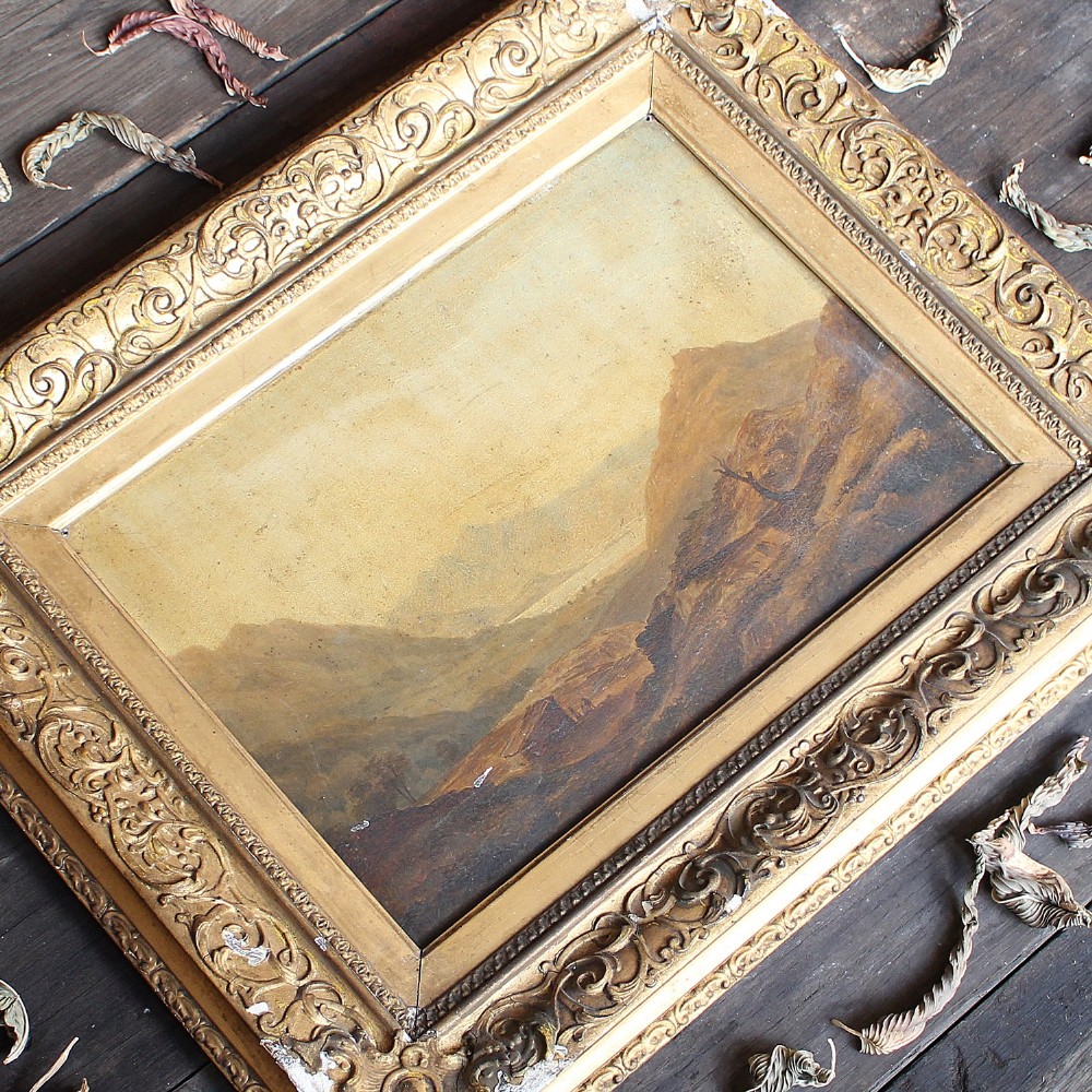 English School Mountainous Landscape With Figures, Antique Oil Painting