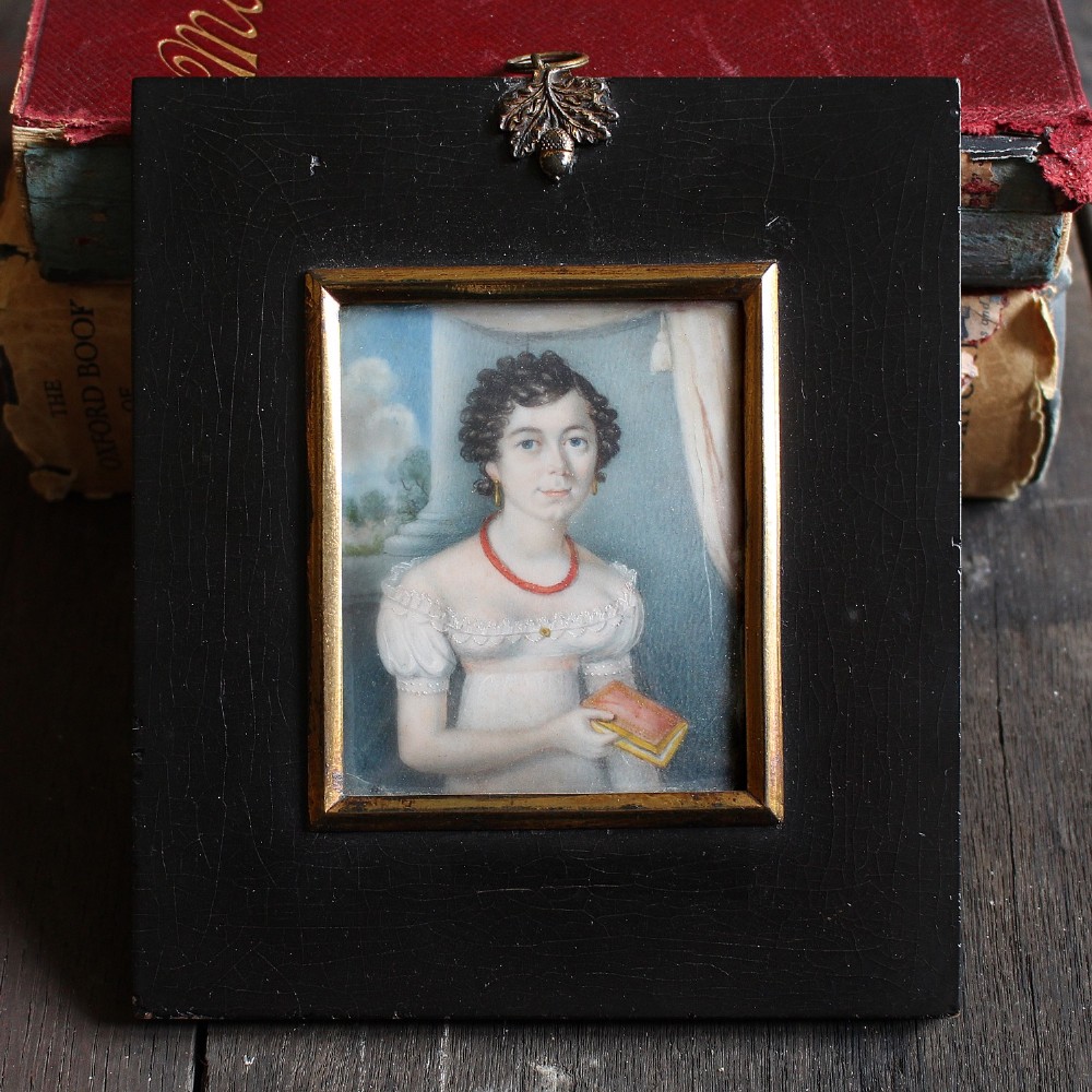 Regency Portrait Miniature Of A Lady With A Coral Necklace, Antique Painting, English, British