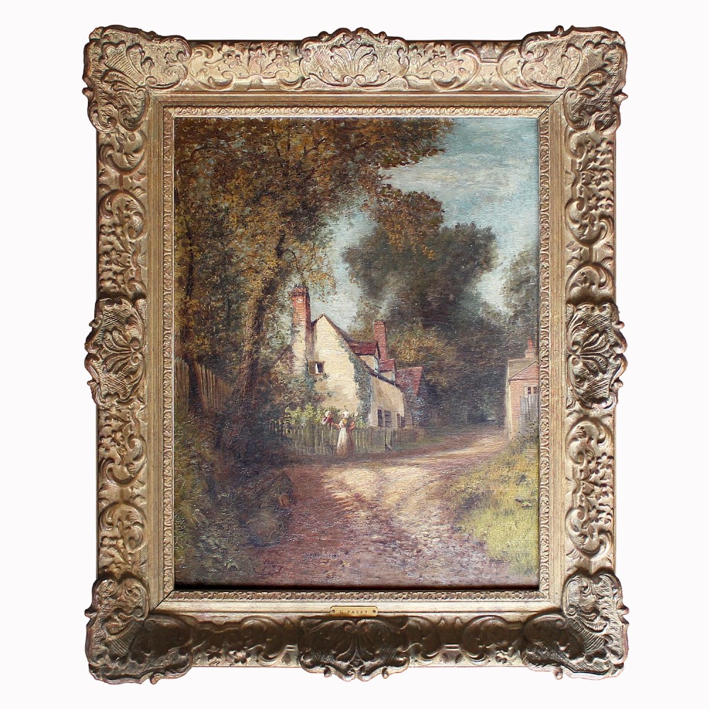 Charles James Parry, Figures By Cottages On Country Lane, Antique Landscape Painting