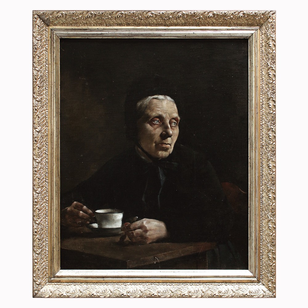 Portrait Of An Older Lady With A Teacup, Dark Antique Oil Painting