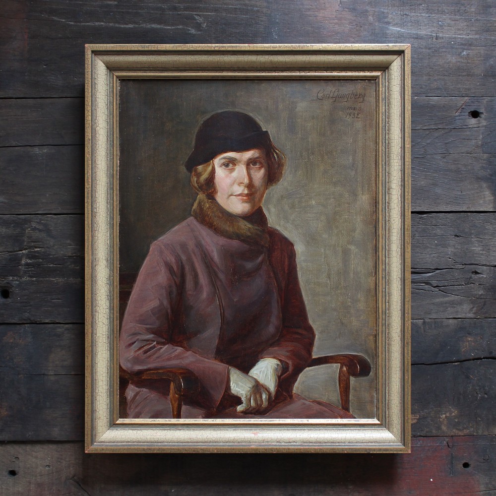 Carl Ljungberg, Portrait Of A Seated Lady With A Purple Coat, 1930s Swedish Oil Painting