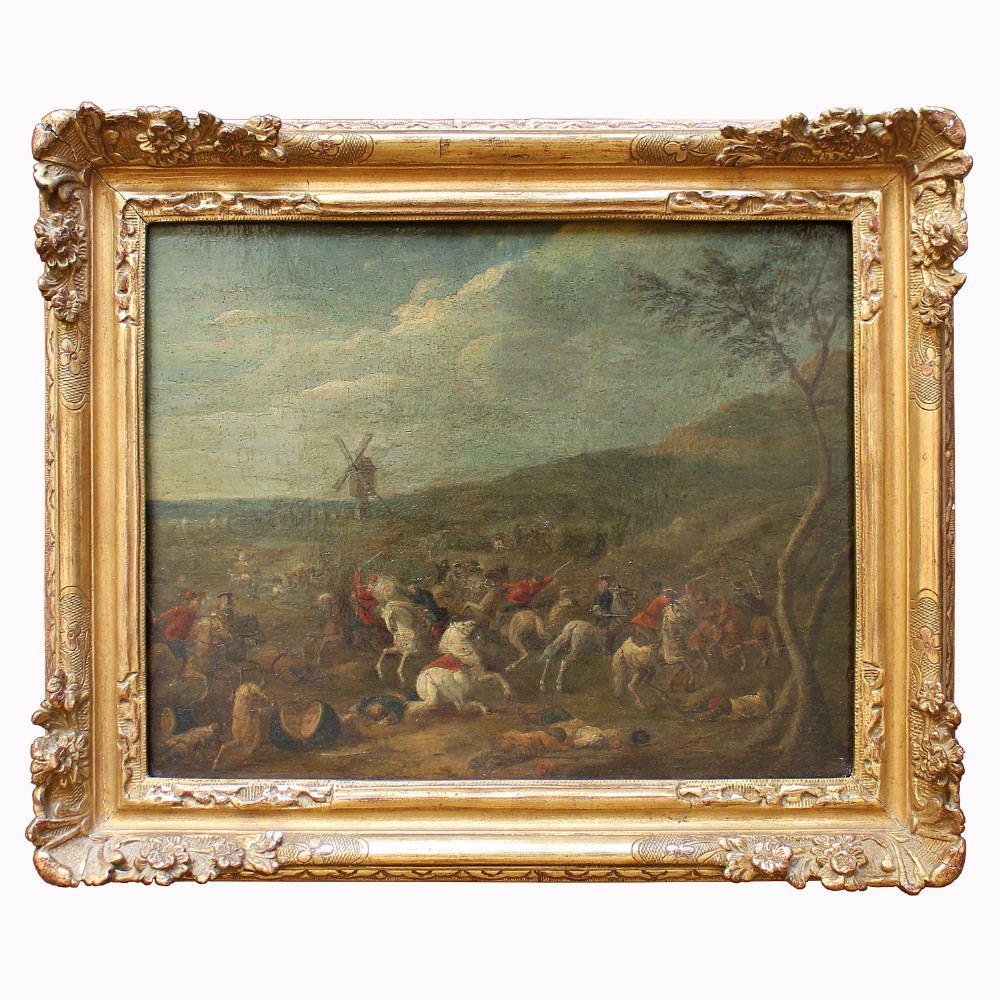18th-Century Battle Scene With Windmill, Antique Flemish Oil Painting
