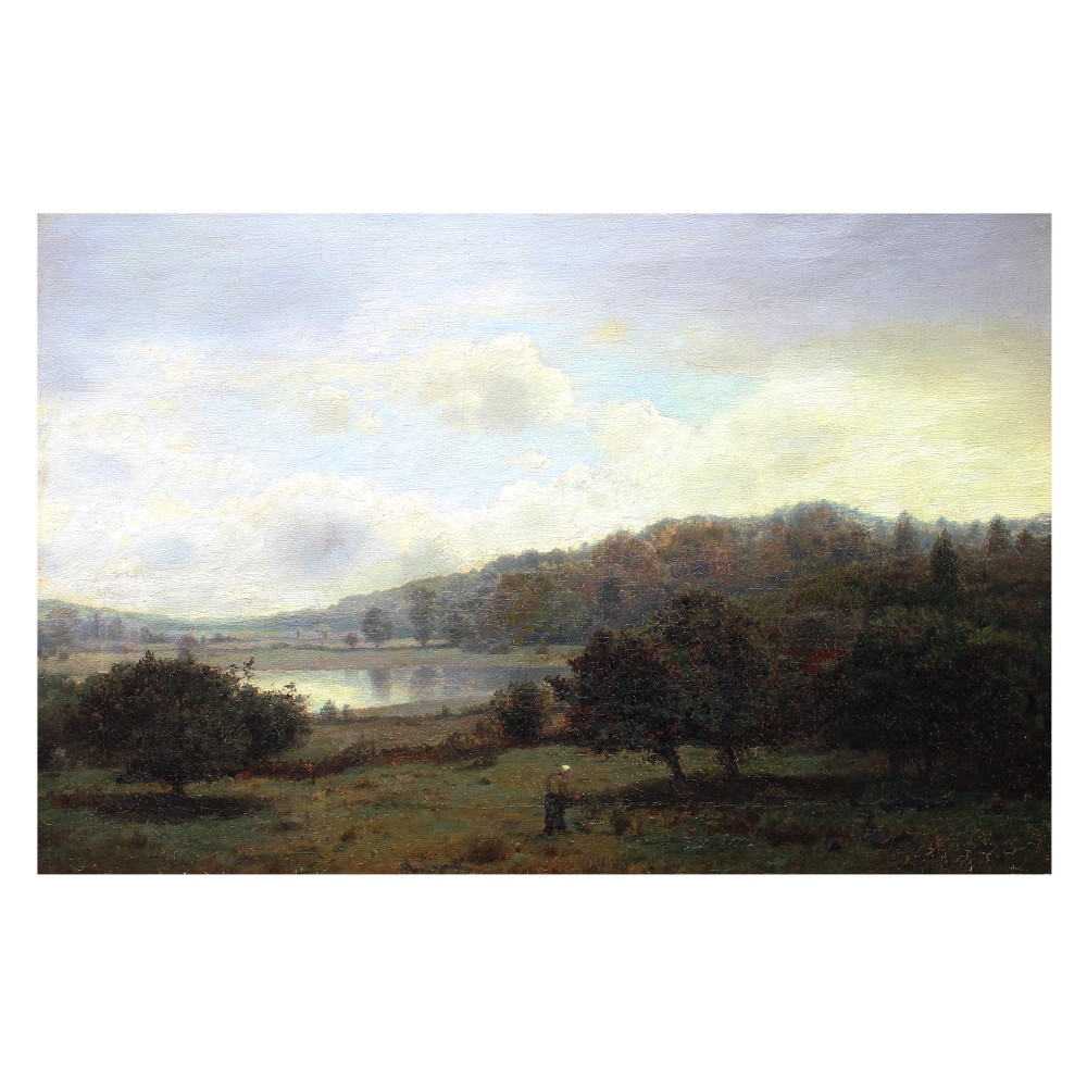 Henry Pember Smith, Landscape With Lake, Late 19th Century Homestead, Antique Oil Painting