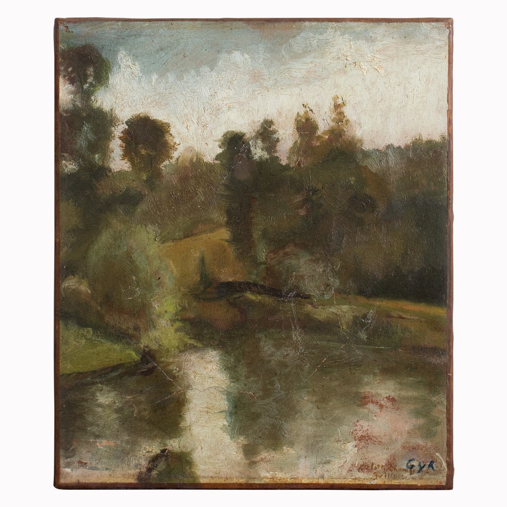 Small Barbizon School Landscape Painting, Edge Of Pond