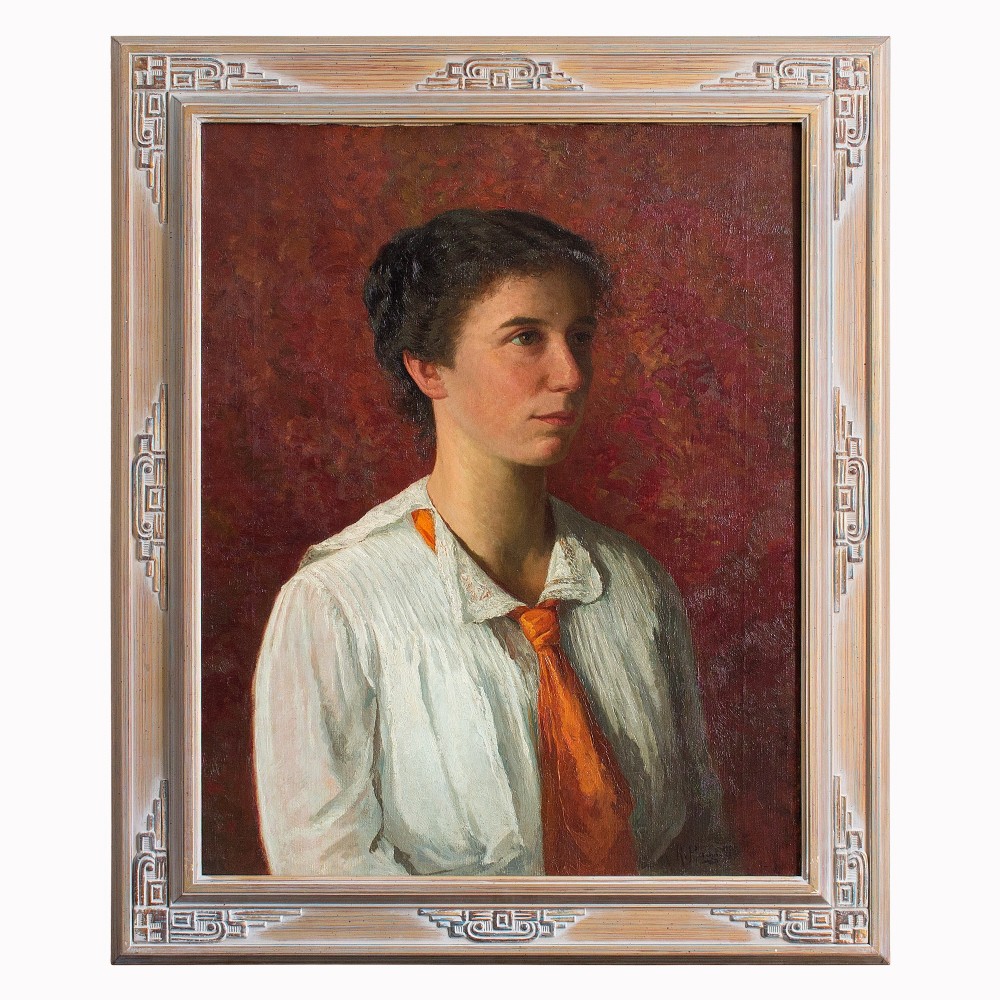 Richard Von Hagn, Portrait Of A Young Lady In An Orange Necktie