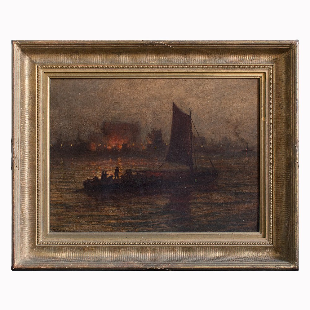 Night Fire, 19th-Century Continental Harbour Scene