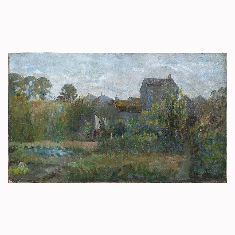 1930s Impressionistic Countryside View With Buildings, French Landscape Painting