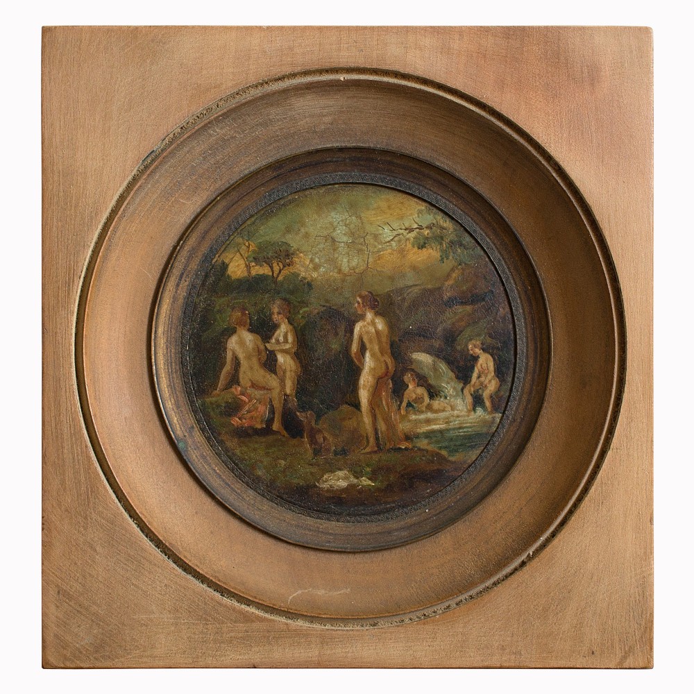 1850s Antique Miniature, Bathing Nymphs In a Brook, Oil On Copper
