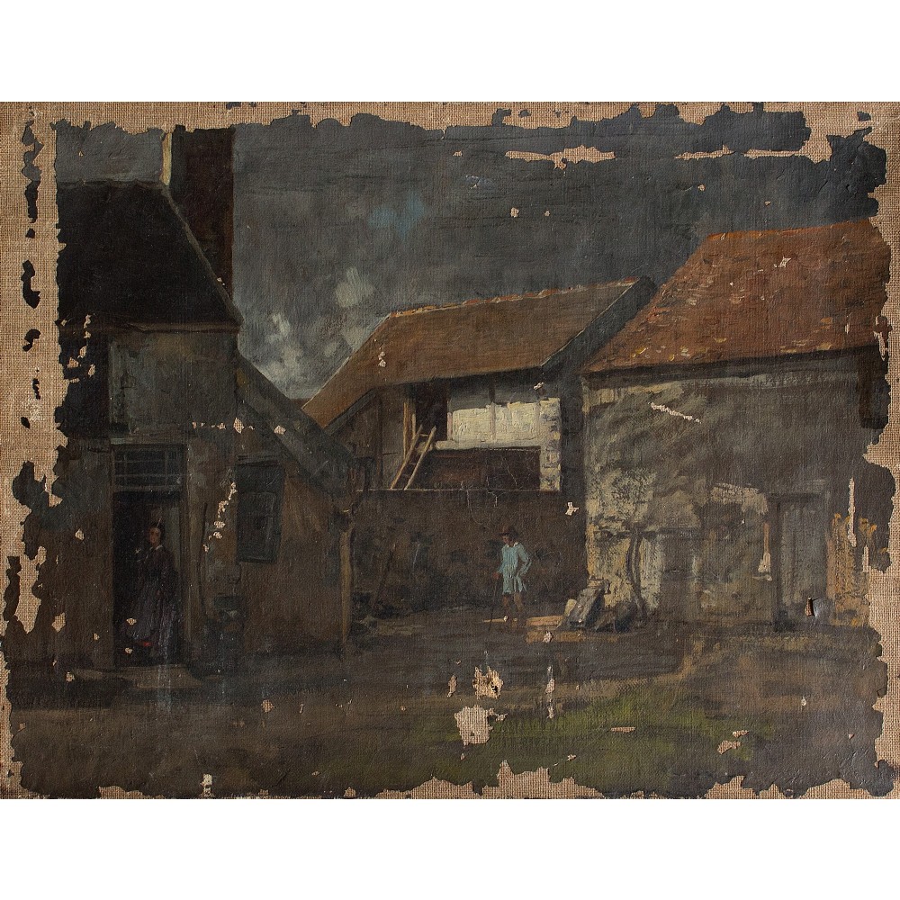 French Farmyard Scene with Barns & Figures, Oil Painting