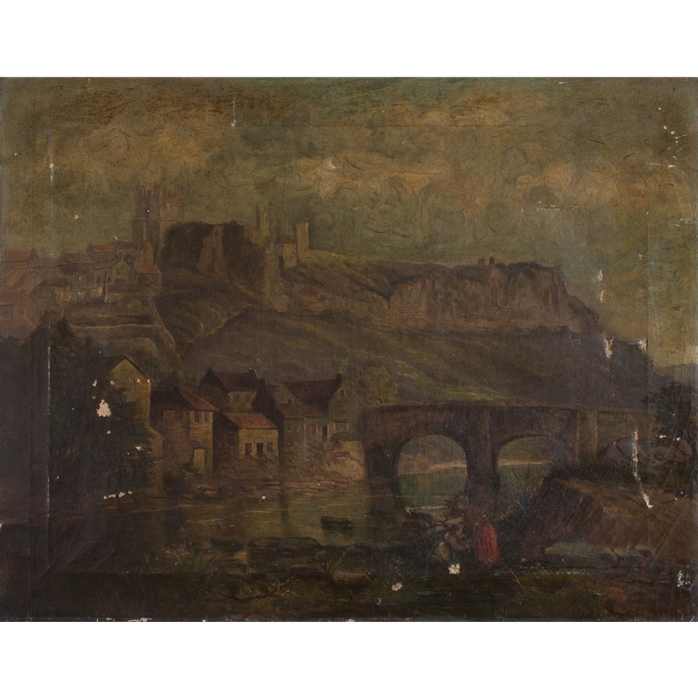 19th-Century Worn Classical Riverside View With Figures