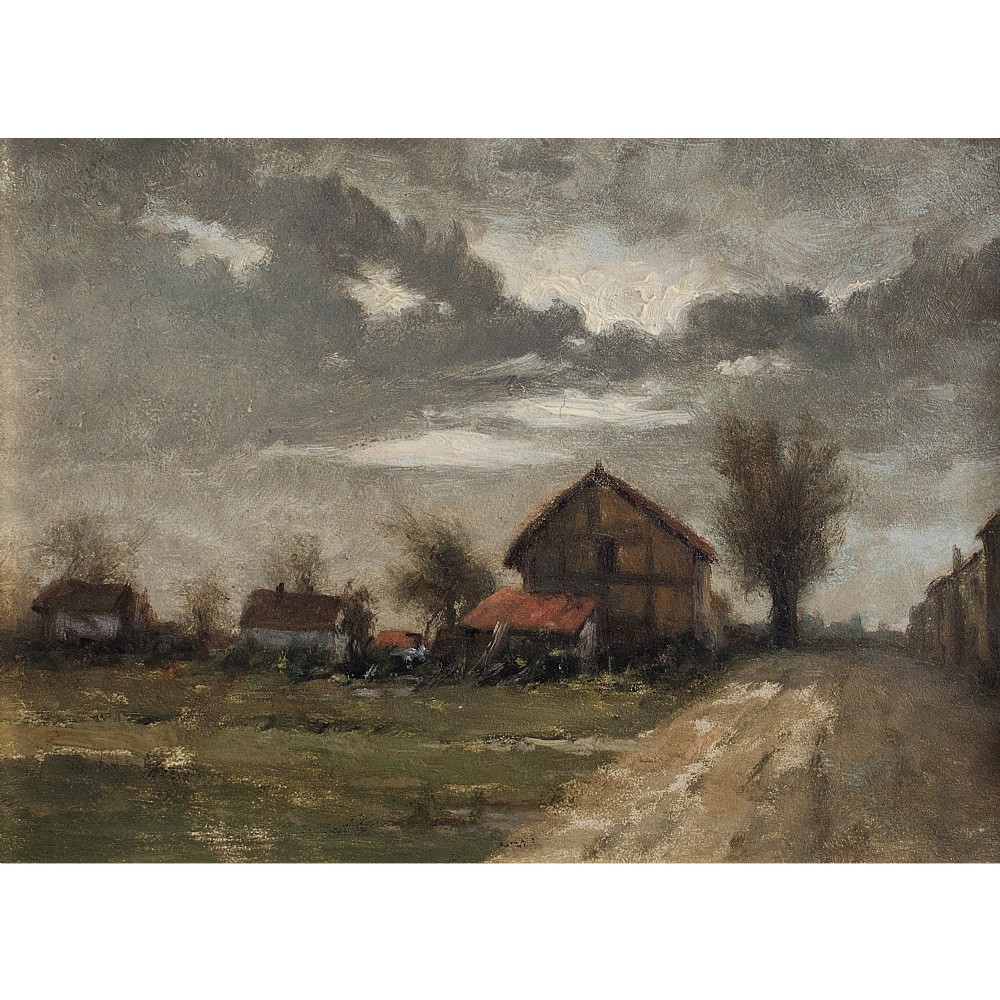 19th Century French School Landscape With Barns, Oil Painting