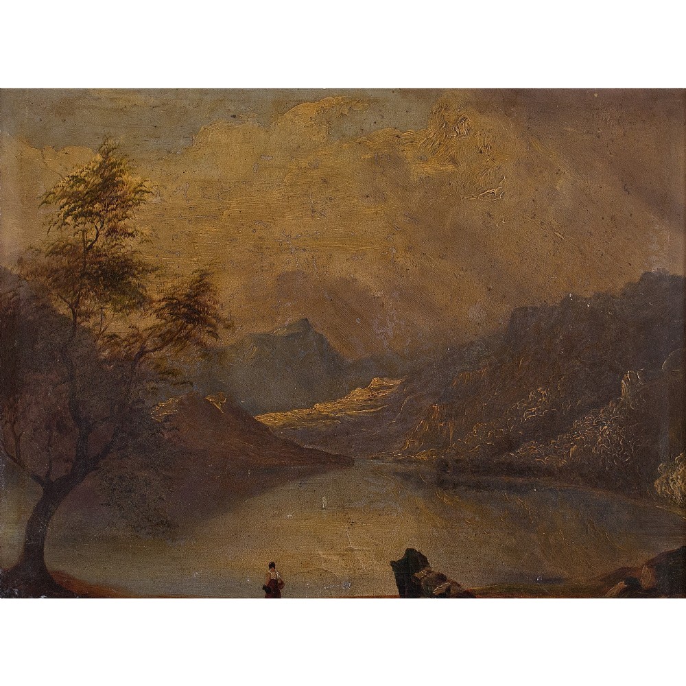 Dark Danish School Mountainous Landscape with Lake