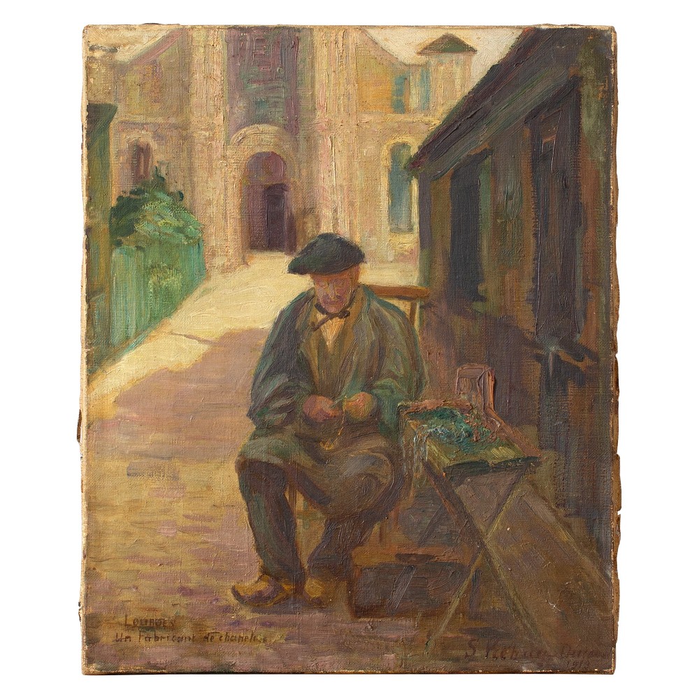 Early 20th-Century French School Oil Painting, Rosary Maker In Lourdes