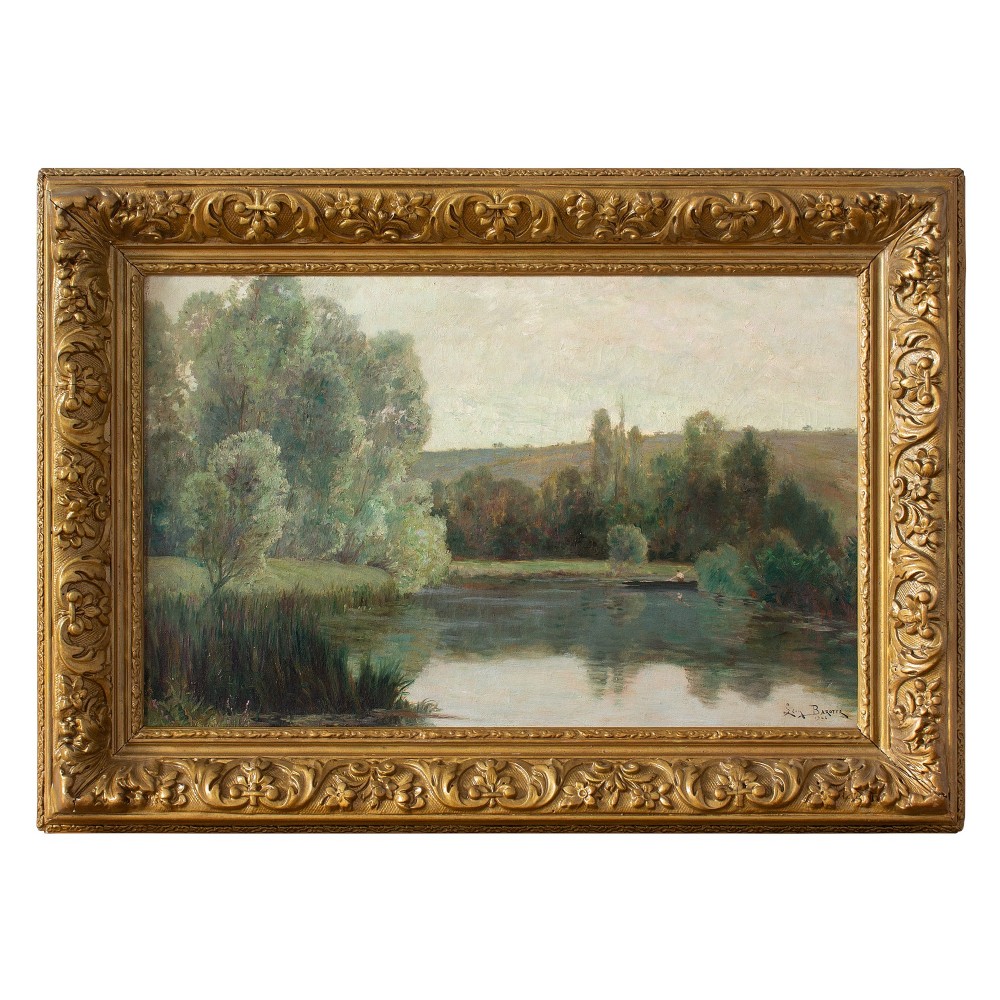 Early 20th Century Oil Painting, Leon Barotte, A Morning View With Fisherman & Lake