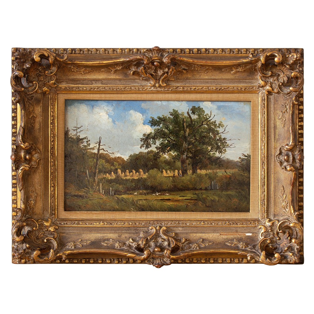 Dutch Oil Painting, Rural Scene With Oak Tree, Swans & Field-Hands