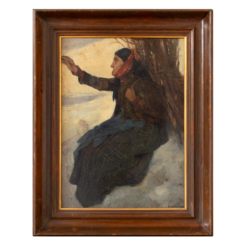 Adolf Meissner, A Woodcutter In The Snow, 19th Century Oil Painting