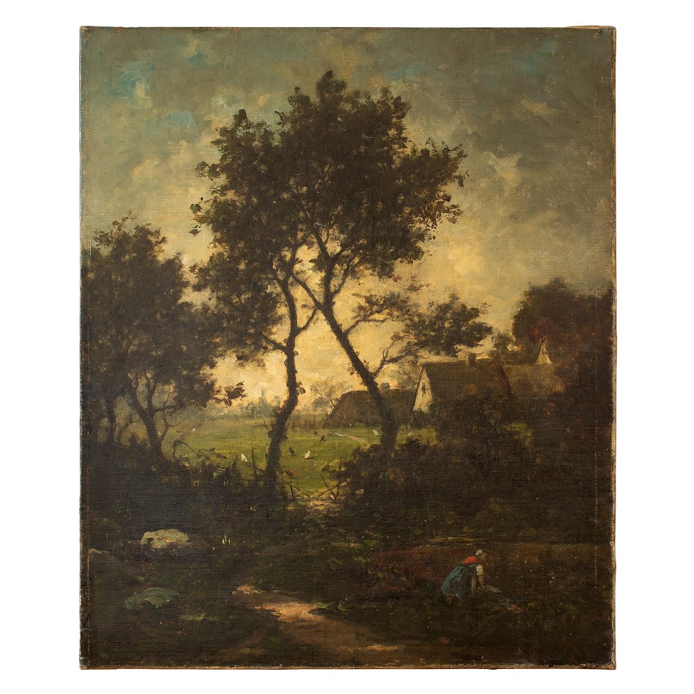 Jules-Louis Dusaussay, Barbizon School Landscape With Cottages, Chickens & Figure, 19th Century Oil Painting