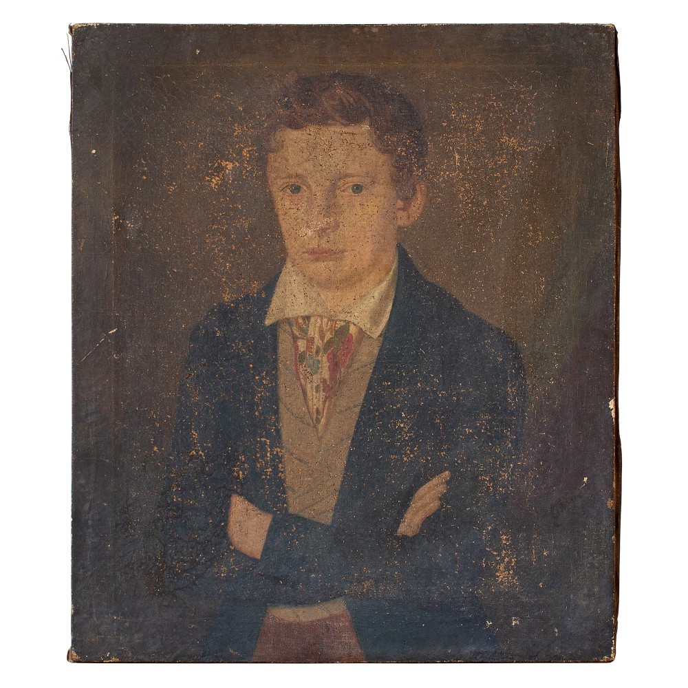 19th Century French School Portrait Of A Young Man With A Patterned Cravat