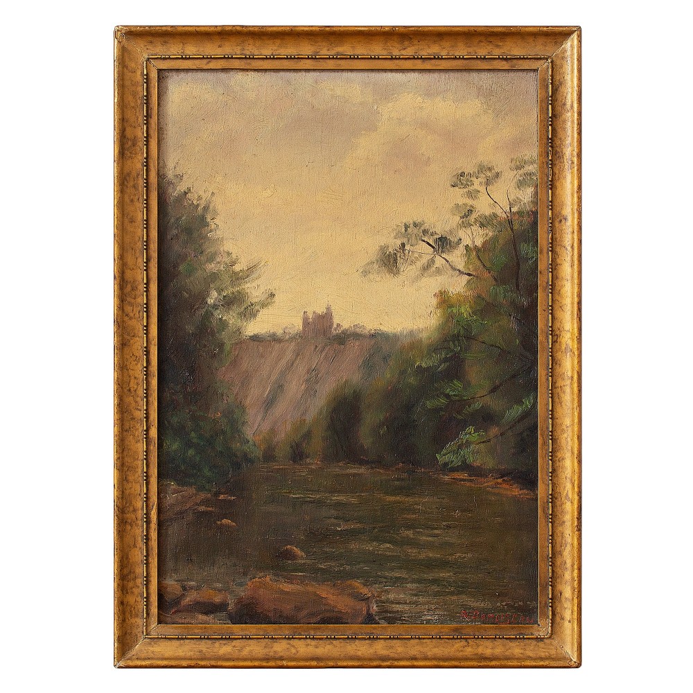 French School River Landscape With Ruins, Oil Painting