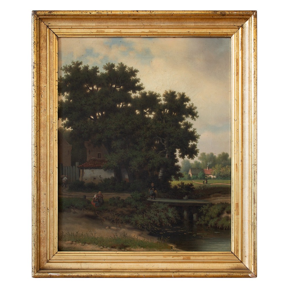 Pierre Vervou, Bucolic Landscape With Stream & Villagers