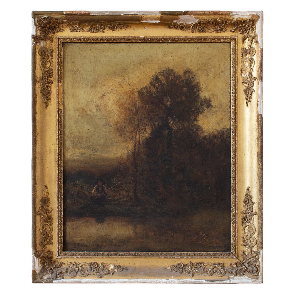 19th Century French Barbizon School Landscape With Fisherman