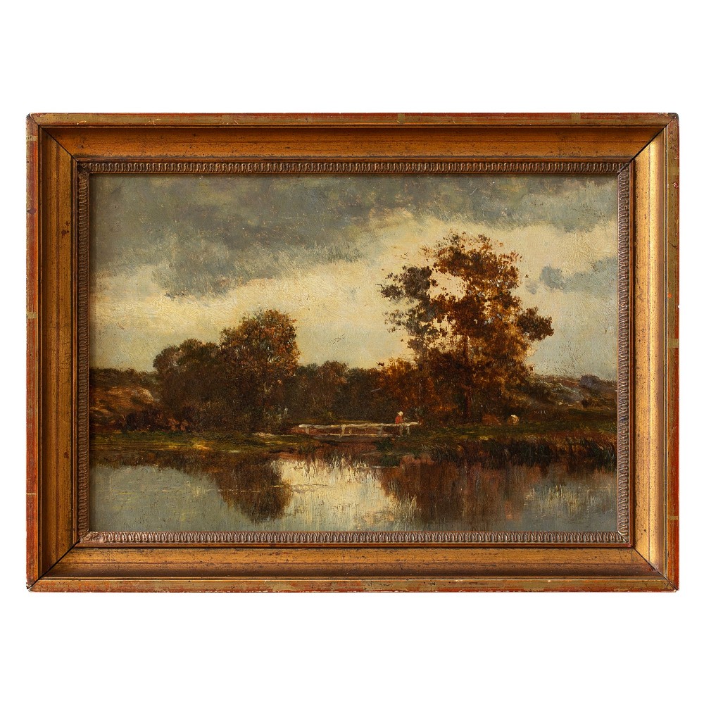 19th-Century Barbizon School Landscape With Fisherman, Oil Painting