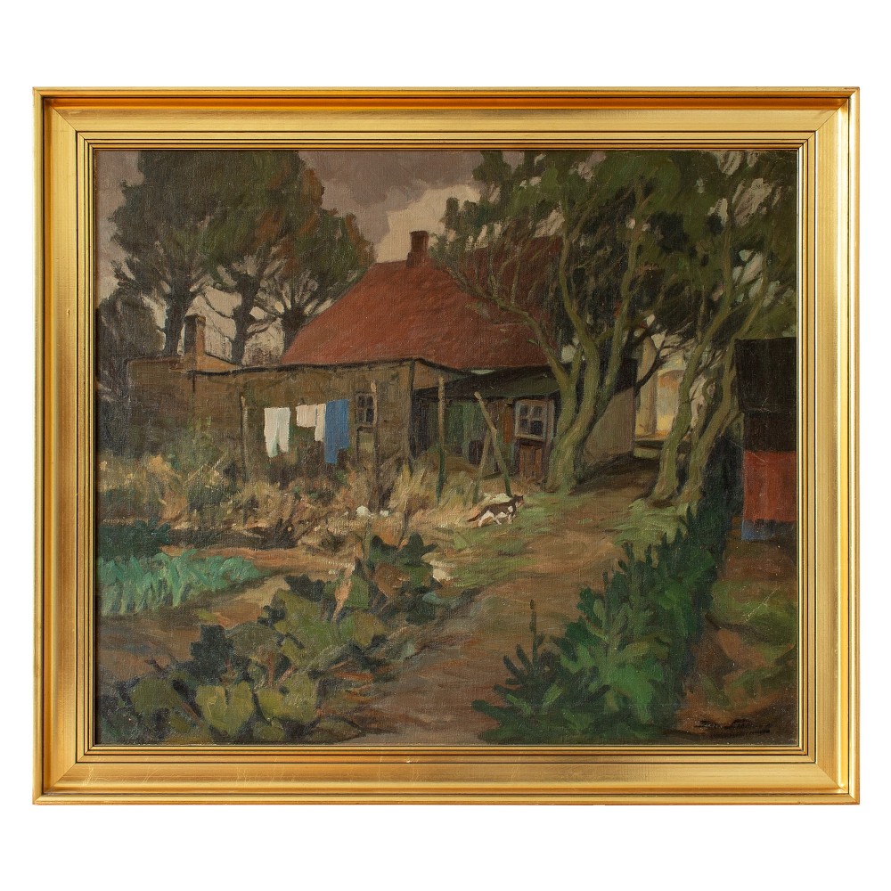 Lars Larsen, Garden Scene With Cat, Laundry & Shed, Oil Painting
