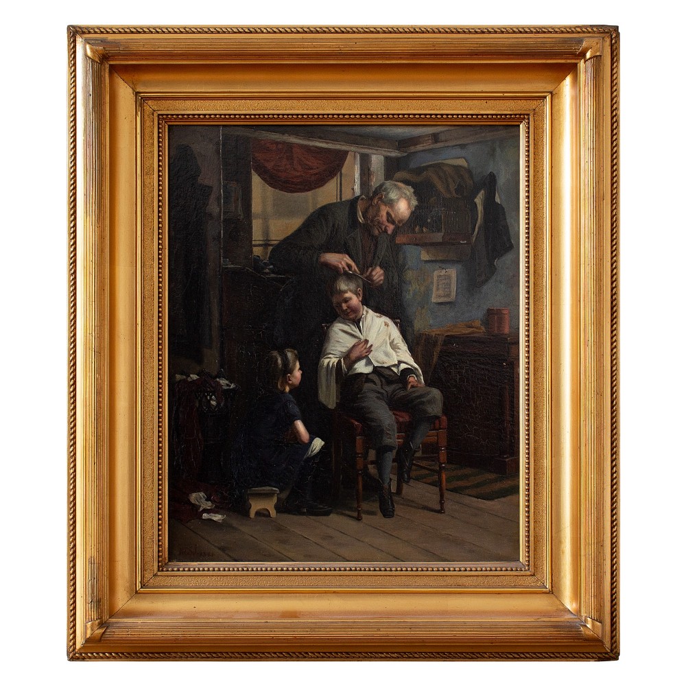 Niels Frederik Schiøttz-Jensen, Barber’s Shop, 19th Century Oil Painting