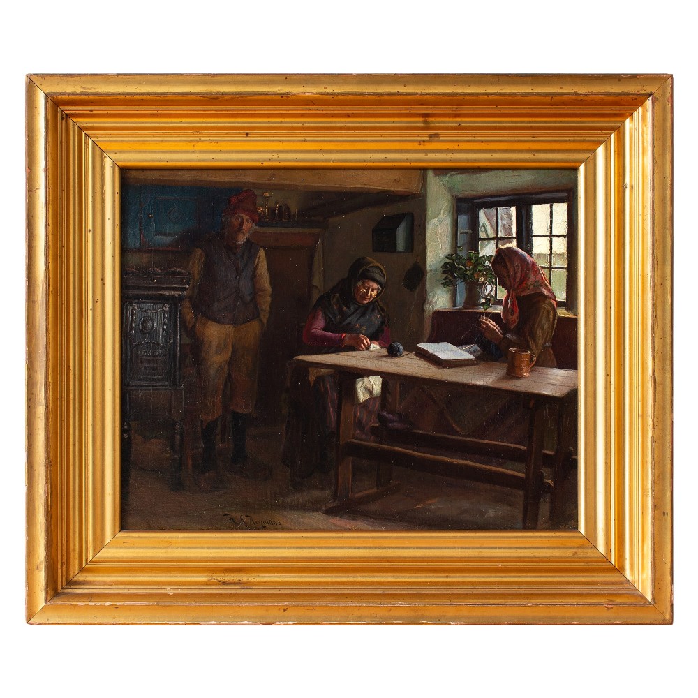 Hans Hessellund, Interior Scene With Family, 19th Century Oil Painting