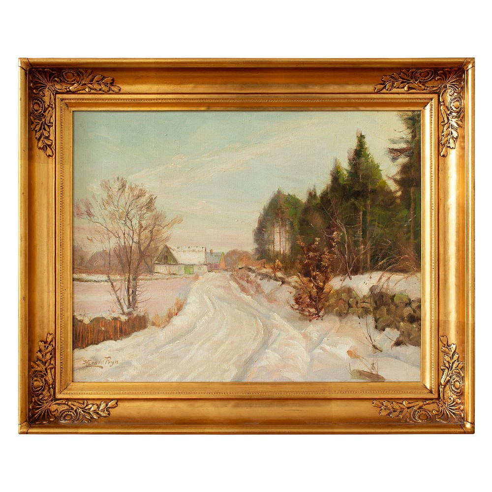 Harald Pryn, Winter Landscape With Track & Buildings, Oil Painting