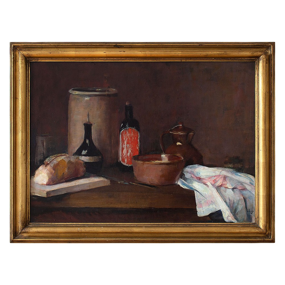 Herman Vedel, Still Life With Bread, Bottles, Bowls & Cloth, Oil Painting