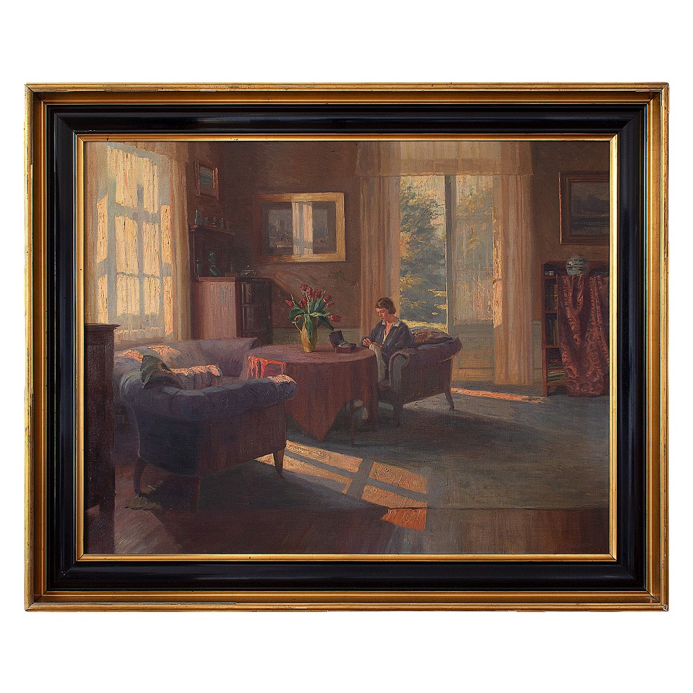 Robert Panitzsch, Sunlit Interior, Large 1930s Danish Oil Painting
