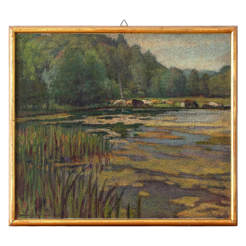 Georgio Aicardi, Cattle Grazing By A River, 20th Century Oil Painting