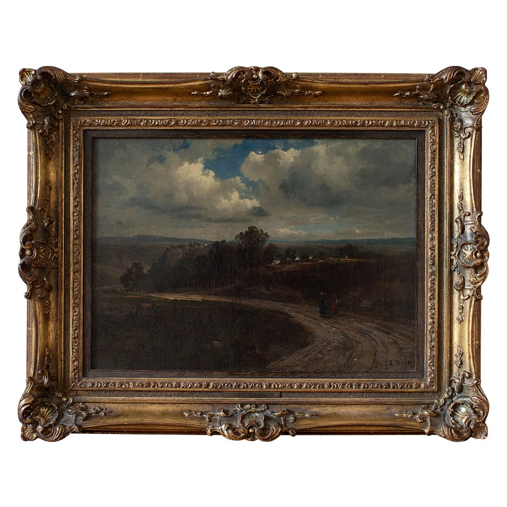 19th-Century German School, Rural View With Cloudy Sky, Landscape Painting