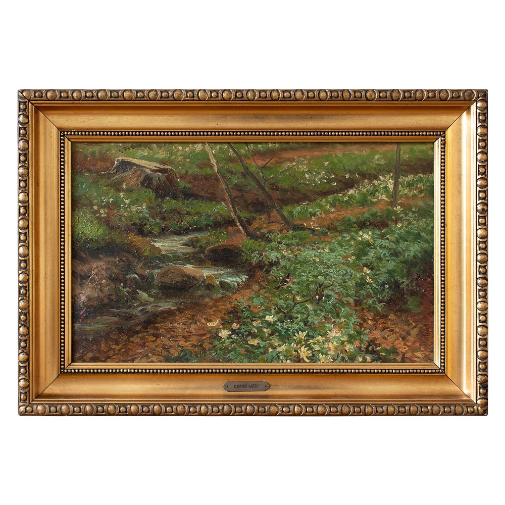 Carl Milton Jensen, Forest Scenery With Chaffinches & Stream, Antique Oil Painting