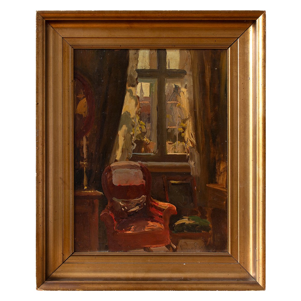 Viggo Pedersen, Lounge Interior With Red Armchair, 1920s Oil Painting