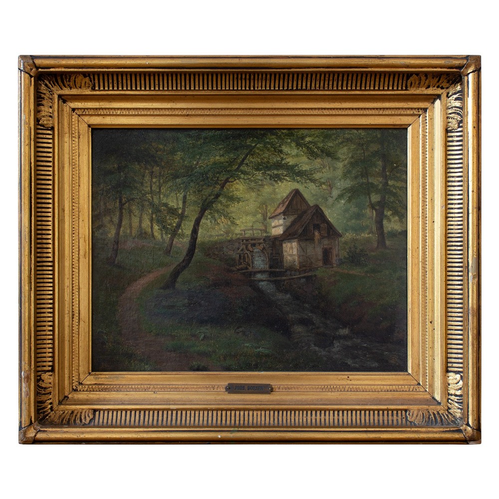Johannes Boesen, Forest Landscape With Watermill, Antique Oil Painting, Danish