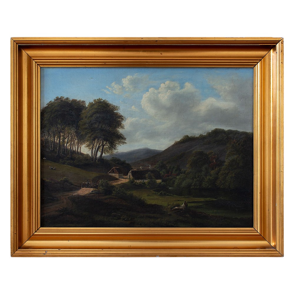 Attr. Frederik Christian Kiaerskou, Farmhouses With Track & Distant Mountains, Antique Oil Painting