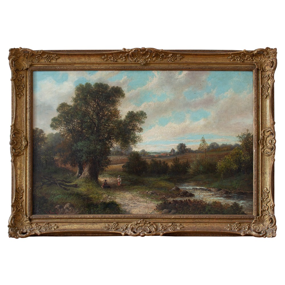 R Percy, British School Landscape With Stream, Track & Distant Church, Antique Oil Painting