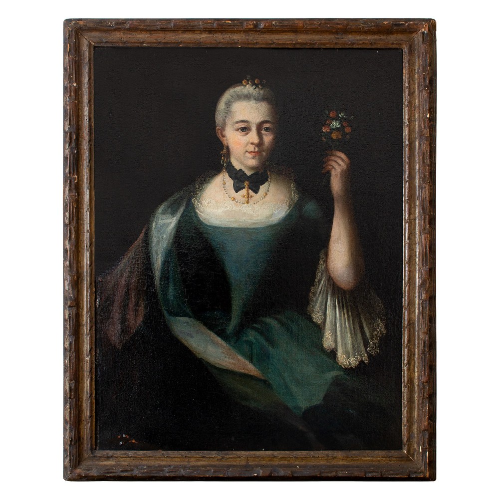 French School, 18th-Century Portrait Of A Lady Holding A Posy, Antique Oil Painting